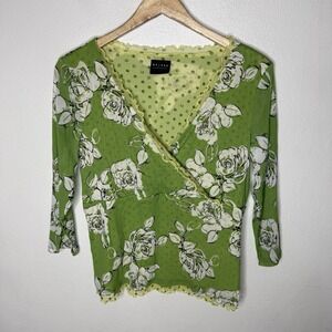 Y2K Green Fairycore Axcess Lettuce Hem Floral Top Fairy V-neck Polkadot